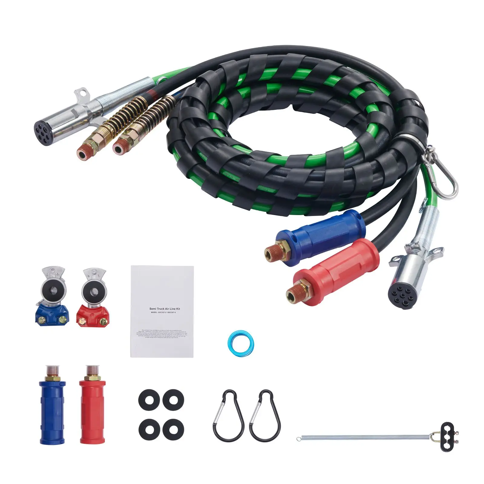 15FT Semi Truck Air Lines Kit with 2PCS Glad Hands, 3-in-1 Air Hoses & 7 Way ABS Electric Power Line, with 2PCS Gladhand Handles, 4PCS Seals and Tender Spring Kit for Semi Truck Trailer Tractor