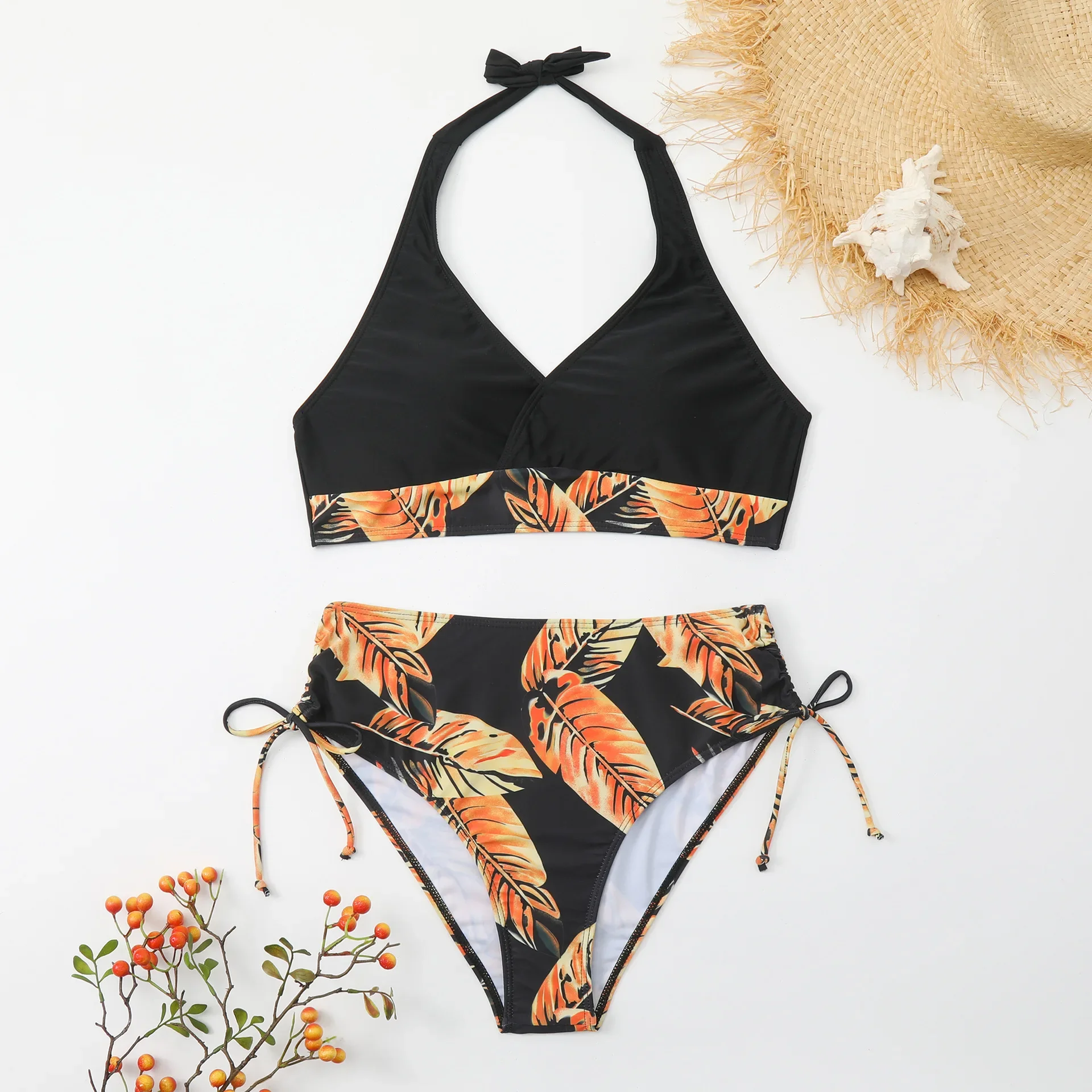 2024 New Summer Leaf Print Women Swimsuit Halter Bandage Bikini Set Backless Swimwear High Waist Push Up Kostiumy kąpielowe Kostiumy kąpielowe