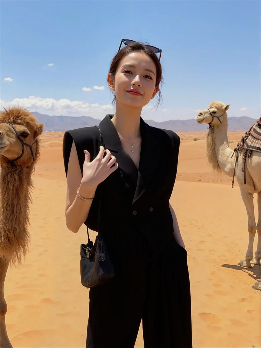 صدريات نسائية سترات نمط المال القديم قمة الخريف الأسود شيك الكورية خفيفة الوزن بلا أكمام زر متابعة الجبهة بسيطة الحديثة