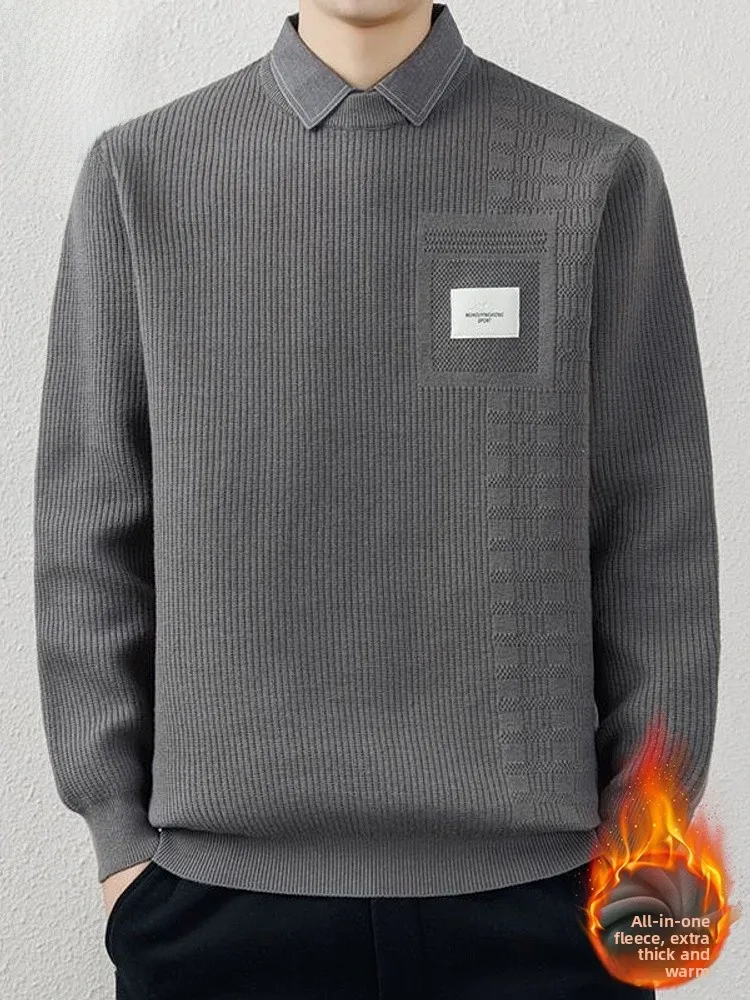 

Мужской утепленный трикотажный свитер с флисовой подкладкой, теплый базовый слой, повседневный, зимний, новинка, комфортный свитер