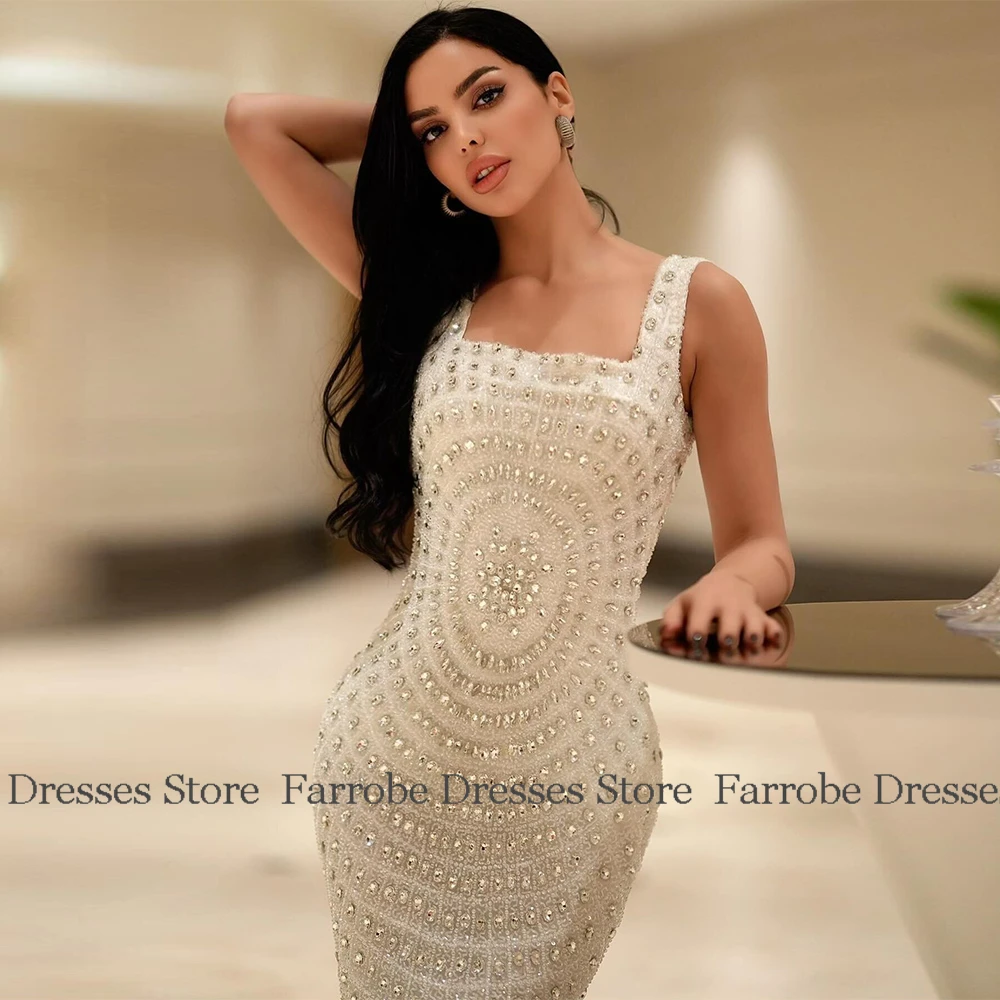 2025 Luxury Heavy Work Evening Dresses Saudi Jersey Sheath/Column Ceremony Dress Ivory Square Neck Rhinestone Beading Prom Gown