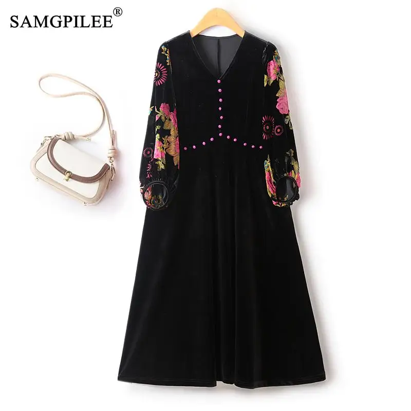 

New Autumn Winter Banquet Dresses Women Gold Velvet Jacquard Sleeve Beaded High Waist Large Swing Drapey Wrinkled Female Dress