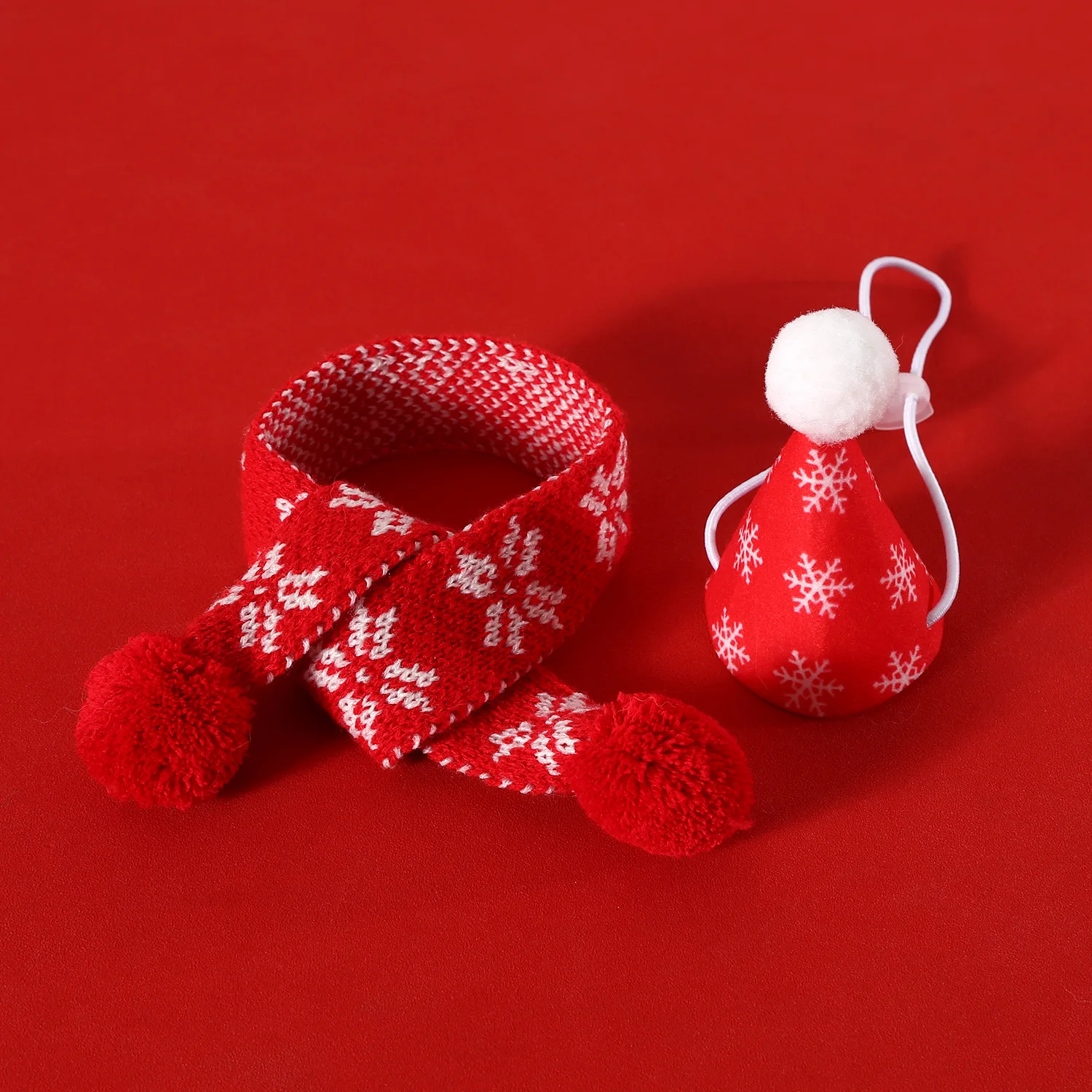 2024 Pet Christmas Set for Cats and Dogs, Plaid Snowflake Knit Scarf, Collar, and 3D Pom-Pom Hat Headwear