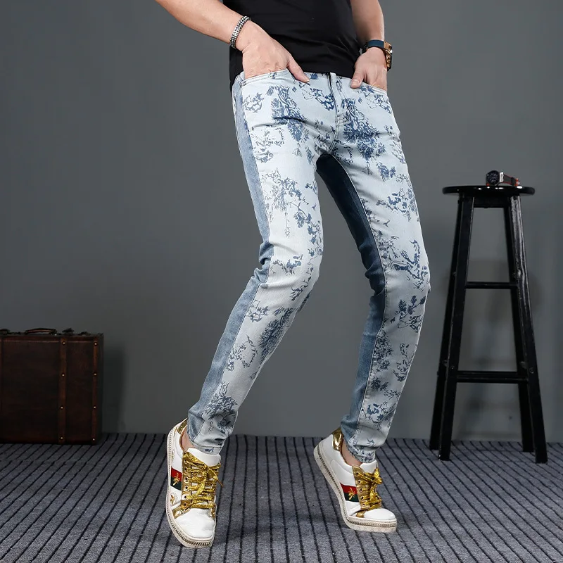 Jeans estampado high-end masculino, calça jeans stretch, ajuste justo, tendência da moda de luxo, leve, stretch, novo, 2024