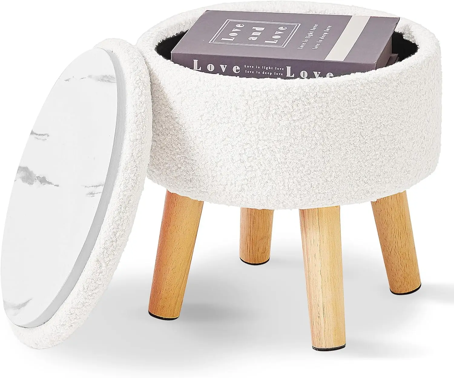 

13 Inch Round Storage Ottoman Footstool with Padded Seat, Wood Legs, Cream Velvet for Living Room Bedroom