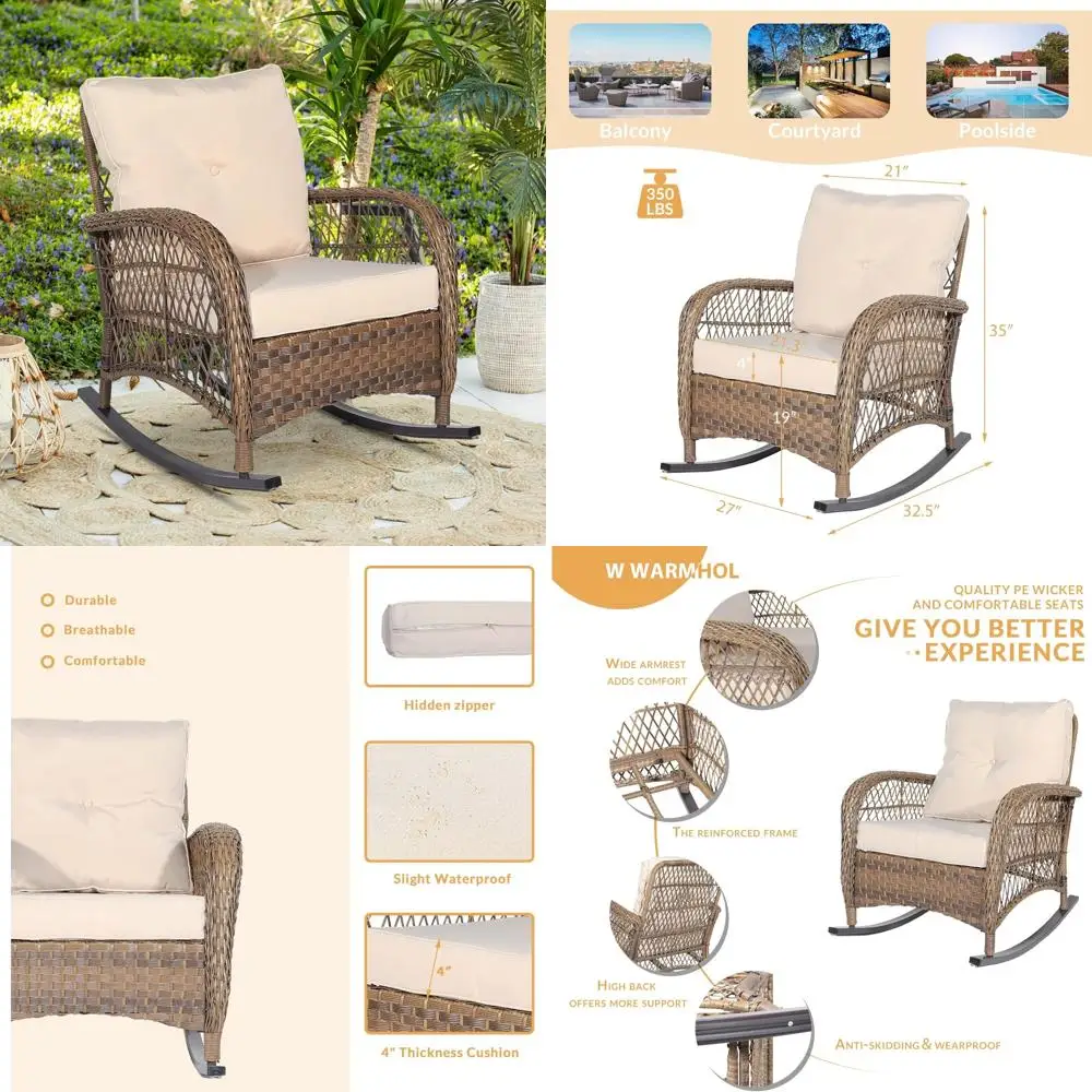 Weather-Resistant Rattan Outdoor Rocking Chairs with Plush Cushions for Backyard Relaxation