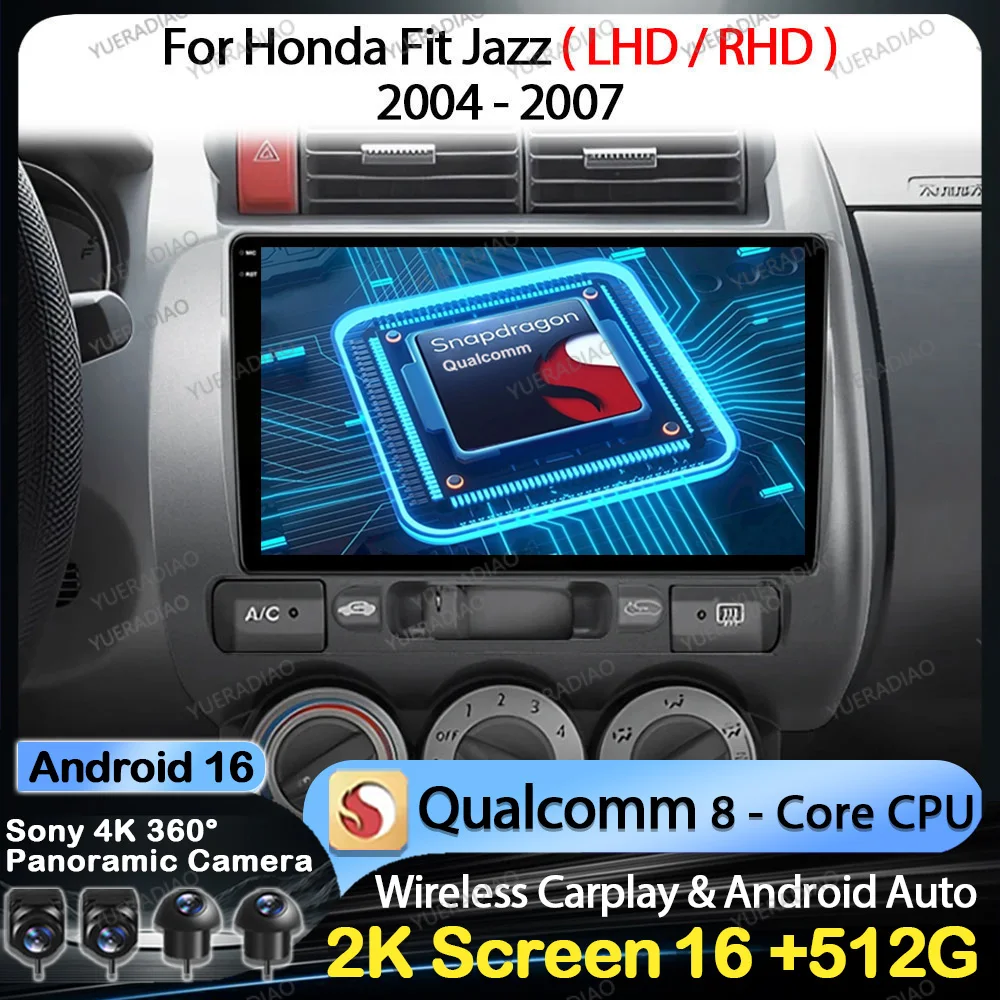 Radio para Auto Android 16 para Honda Fit Jazz 2004 - 2007, Carplay Inalámbrico, Android Auto, Reproductor Multimedia de Video, 4G WIFI, GPS, NAVI, QLED