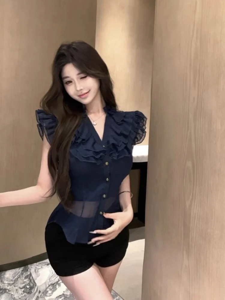 

Женский топ Slim Fit V-Ne Chiffon irt with Puff Sves с застежкой на талии в Корейском стиле Sle Commute Faion ort Sve Top