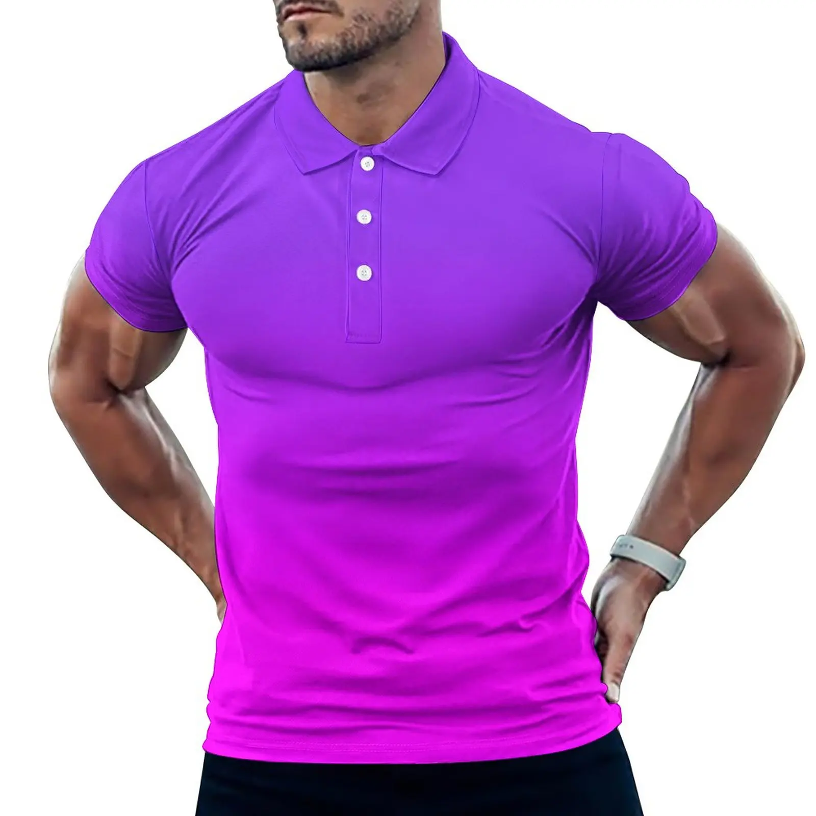 Neon Ombre Print Casual T-Shirts Purple and Pink Polo Shirts Turn Down Collar Trendy Shirt Summer Male Pattern Clothes Plus Size