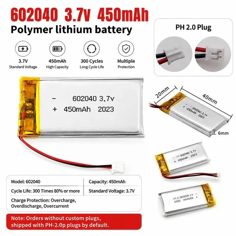 602040 LiPo Battery 3.7V 450mAh Rechargeable Lithium Polymer Cell for Smart Wearable Walkie Talkie GPS PSP Game Console