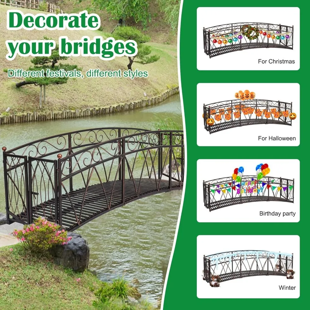 Kinbor Ponte da giardino in metallo - Ponti ad arco da giardino da 8 piedi per esterni con guide laterali e cancello di sicurezza, ponte per laghetto incatenato per esterni