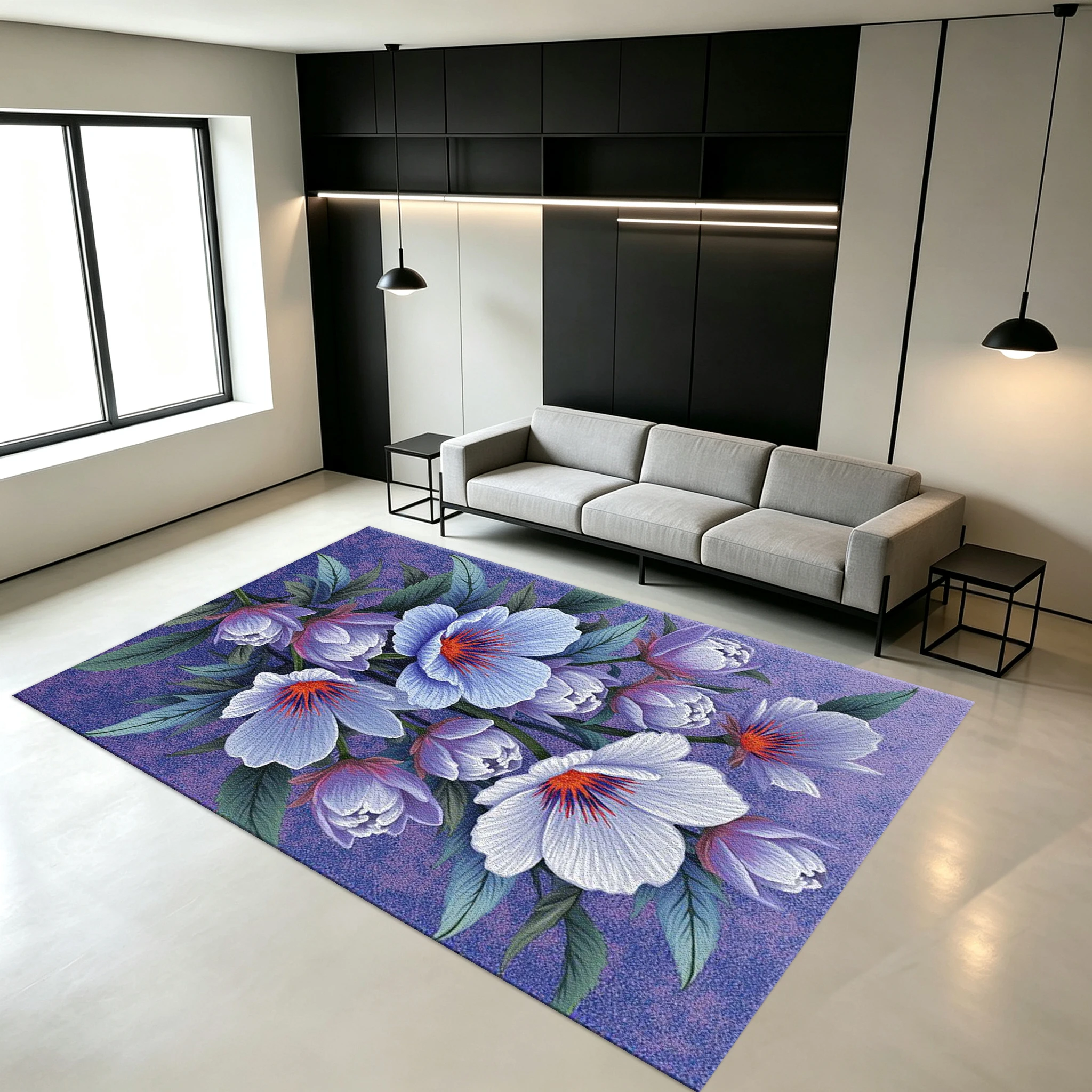 Vintage Purple-Blue Peony Floral Carpet Floor Mat for Living Room and Bedroom Aesthetic Decoration with Soft Surface