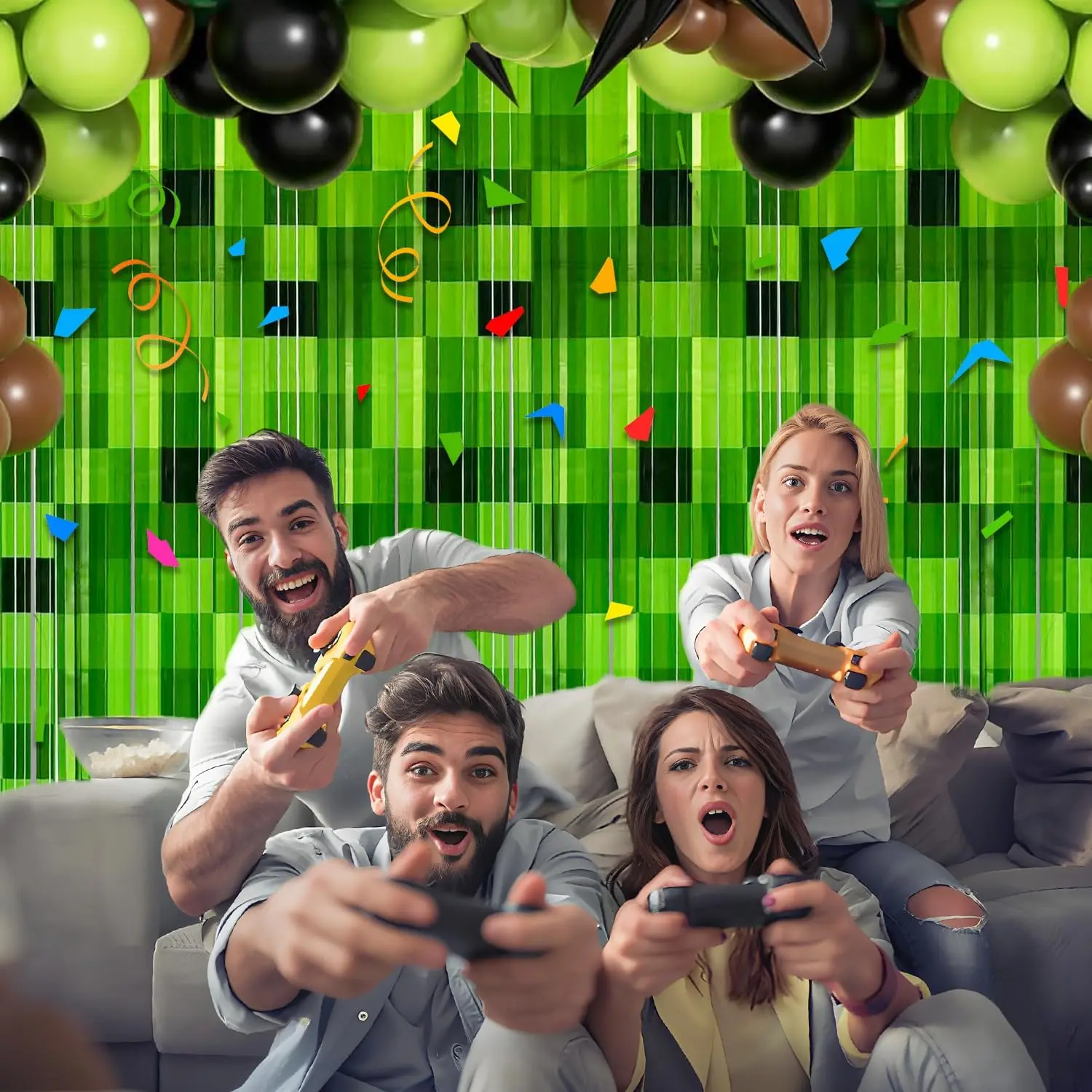 2er-Pack Grüne Folien-Fransen Pixel Geburtstags-Hintergrund, Videospiel-Türdekoration für Jungen Gaming-Geburtstagsparty Dekorationszubehör