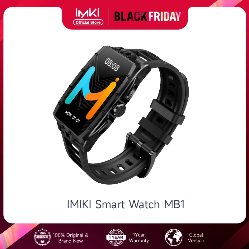 IMIKI MB1 Smart Watch Master Band 1.64'' AMOLED BT Call 1 ATM Waterproof 100+ Workout Modes Blood Oxygen Monitor