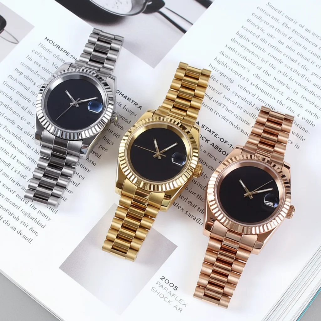 

36mm/39mm Black Sterile Dial Black Date Fixed Fluted Bezel 100M Diver NH35 Automatic Men Lady Watch 316L Bracelet Sapphire Glass