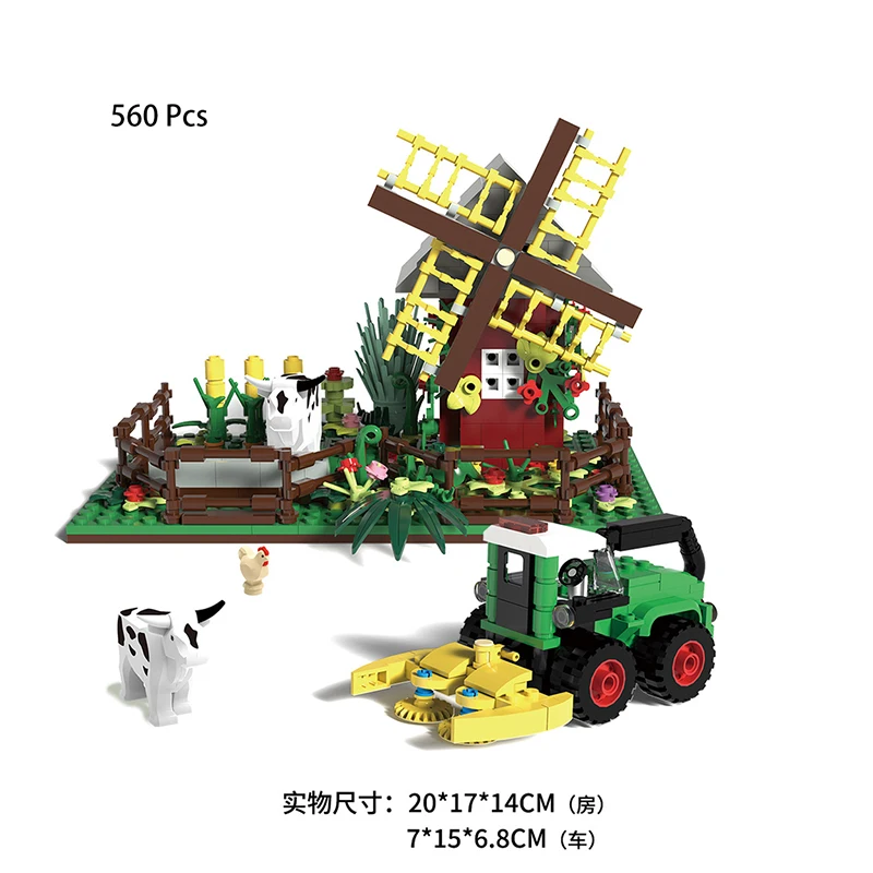

Happy Ranch MOC Building Blocks Toys Farm Scene Bricks Toys Cow Cattle Pen Agricultural Operation Vehicle Compatible With LEGO
