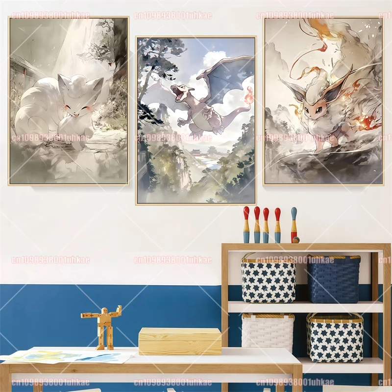 Anime Pokemon Canvas Painting Charmander Gengar Pikachu Eevee Squirtle Poster Retro Art Wall Decoration Painting