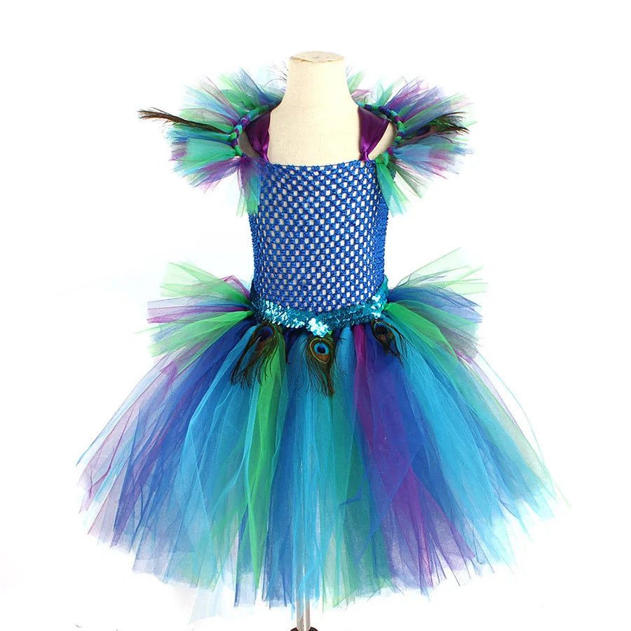 Peacock Enfant Kleid, Pfauenfeder-Cosplay, Karnevalskostüme für Kinder, Halloween, Karneval, Purim, Pfauen-Prinzessinnen-Set – Detail 17