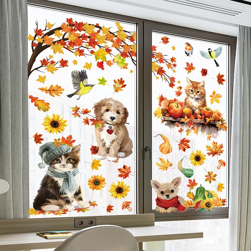 9Sheets Autumn Thanksgiving Cat Dog Gnomes Window Clings Decal Fall Pumpkin Maple Leaf Electrostatic Stickers Wall Decor