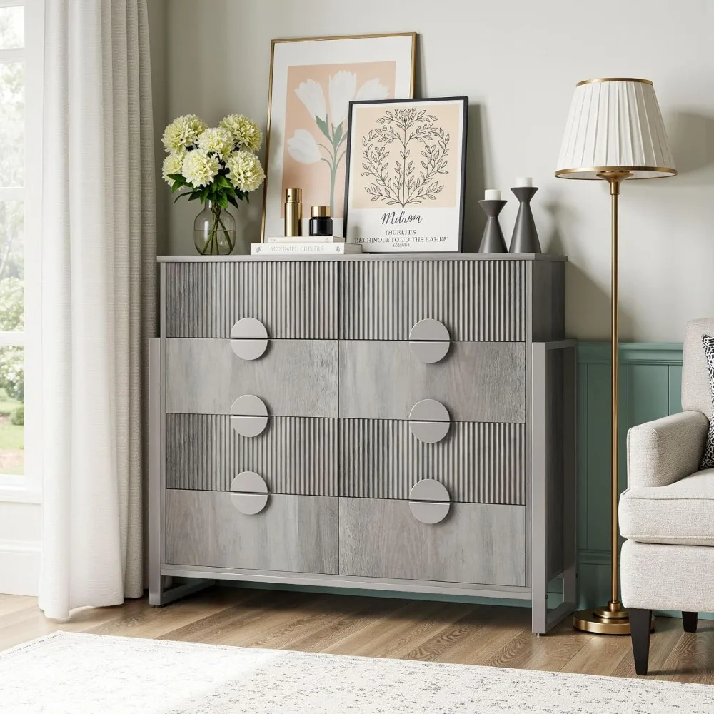 Cômoda cinza canelada LGHM para quarto, cômoda moderna com 50 gavetas de largura, 8 gavetas profundas, cômoda alta de 42,8 com pernas em H elevadas - Curv
