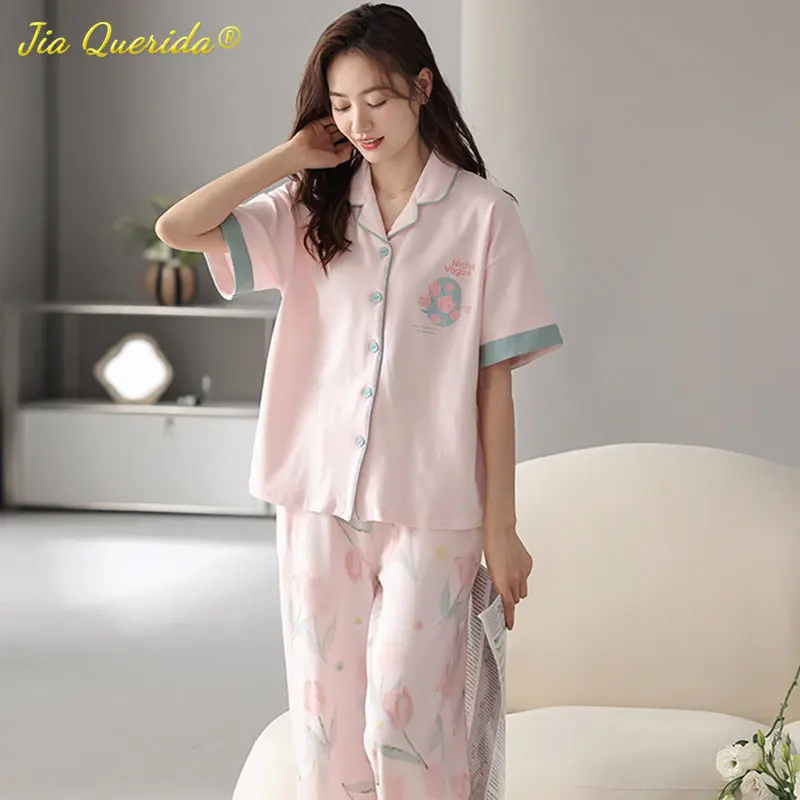 SUKAE Elegant Floral Sleepwear for Woman Summer Turn-down Collar Women\'s Pajamas Set Casual Loungewear Cotton Nightwear for Girl