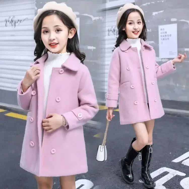 Girls Woolen Coat Jacket Cotton Outwear Windbreak 2024 Lapel Warm Plus Thicken Velvet Winter Autumn Party Children's Clothing