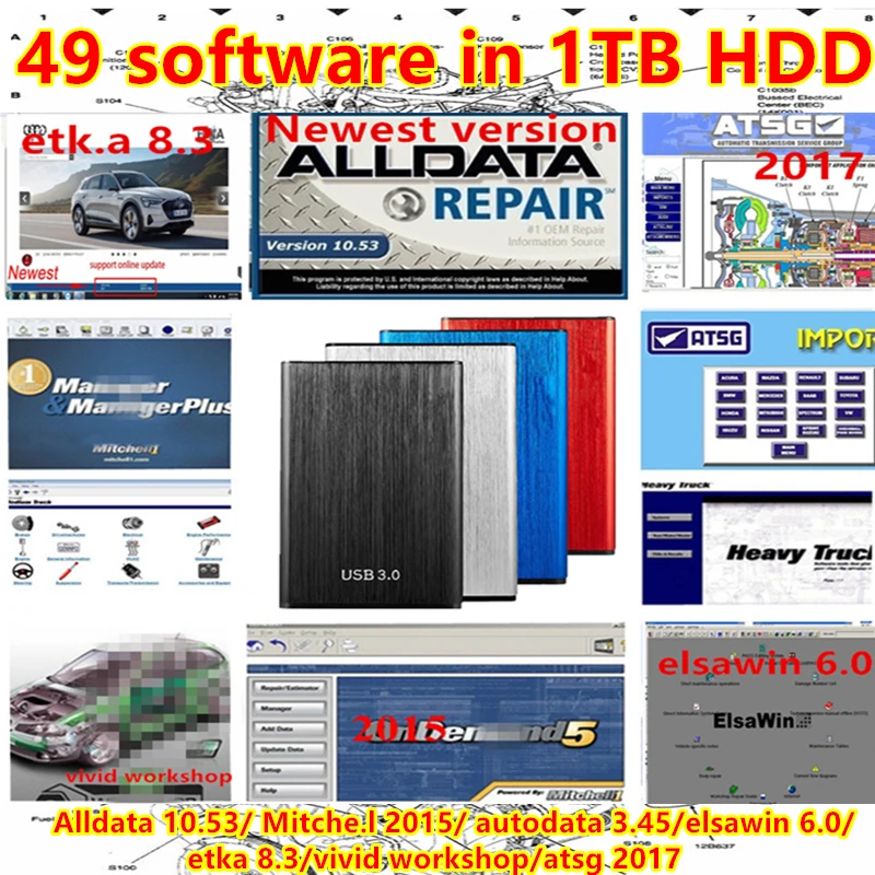 2024 hot sell ! Auto repair Alldata10.53 mitche.l 2015 ATSG AutoData 3.45 Stakis Technik 2018 Elsawin 6.0 etka8.3 49 in 1TB HDD