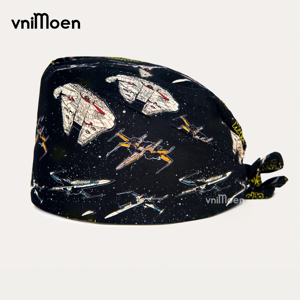 Printed Scrub Cap Universe Starry Sky Spaceship Pattern Adjustable Tie‑back Work Cap