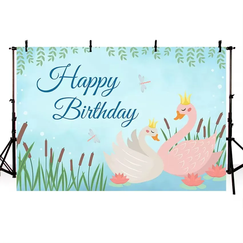 AIBIIN Happy Birthday Party Backdrops Swan Princess Crown Lotus Willow Leaves Decor Photography Background Photo Studio