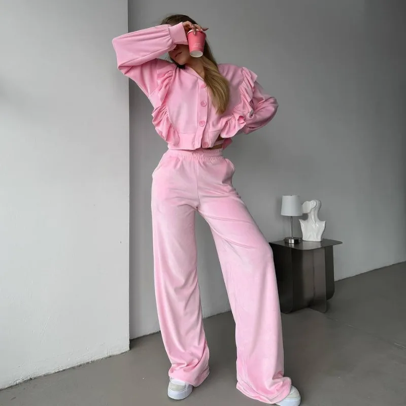 

Весенне-осенний новый бархатный женский костюм в стиле ретро с рюшами, элитный повседневный и модный комплект из двух предметов для женщин