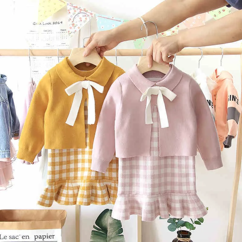 2024 Baby Girl Fashion Clothing Set Cute Bow Sweaters+plaid Dress,girls Infant Elegant Clothes Sets Children Party Birthday Wear