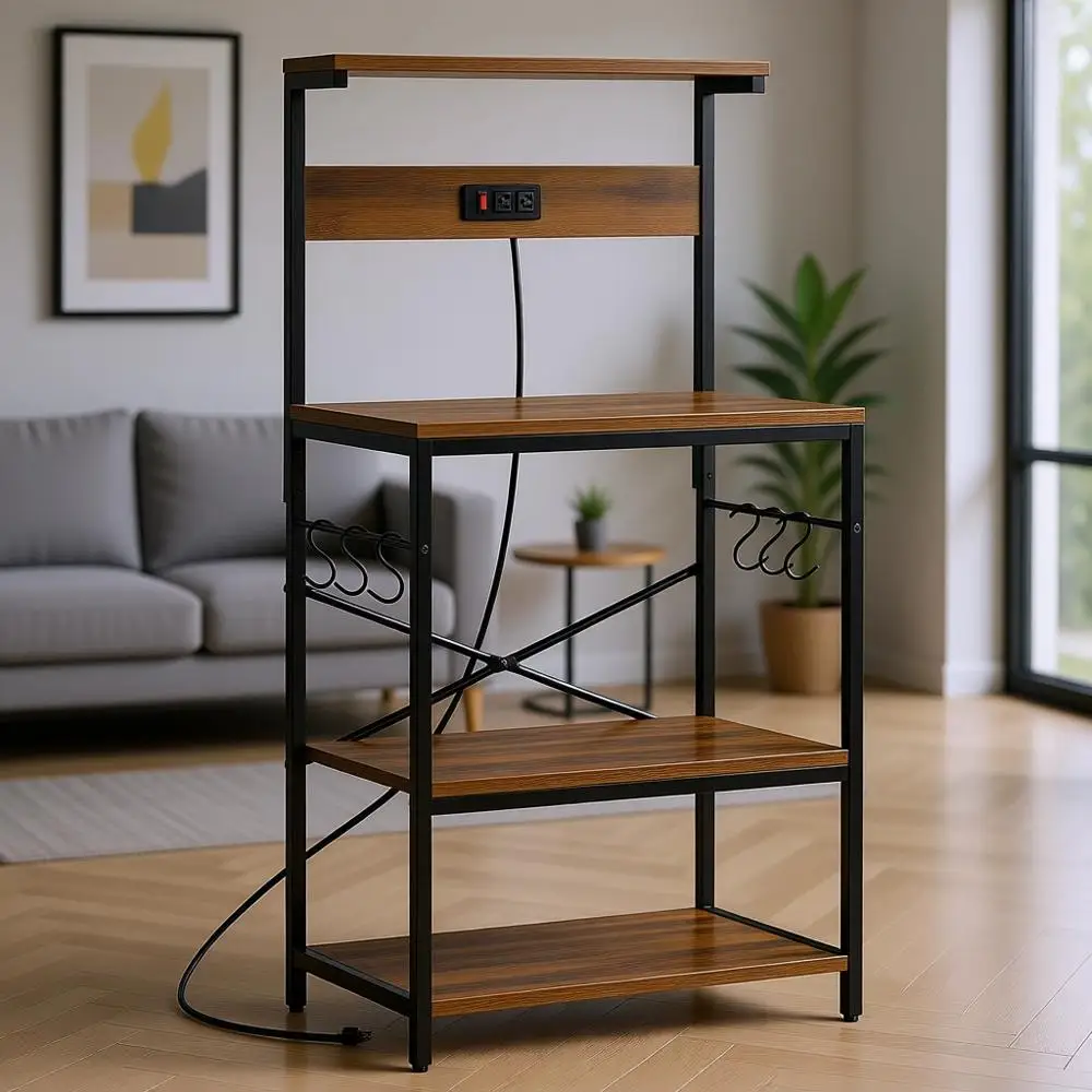 

Кухонная этажерка в деревенском стиле, коричневая, 4-ярусная, с розеткой, кофейной станцией, 6 крючками и местом для хранения специй