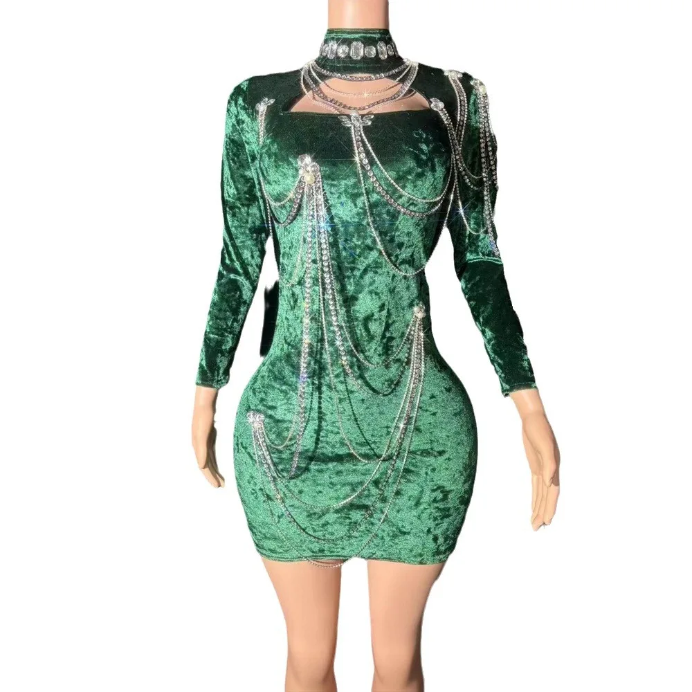 

Velvet Tight Diamond Chain Dress - Nightclub Singer Gogo Costume Party Party High-End Performance Dress Body Transparente Flecos