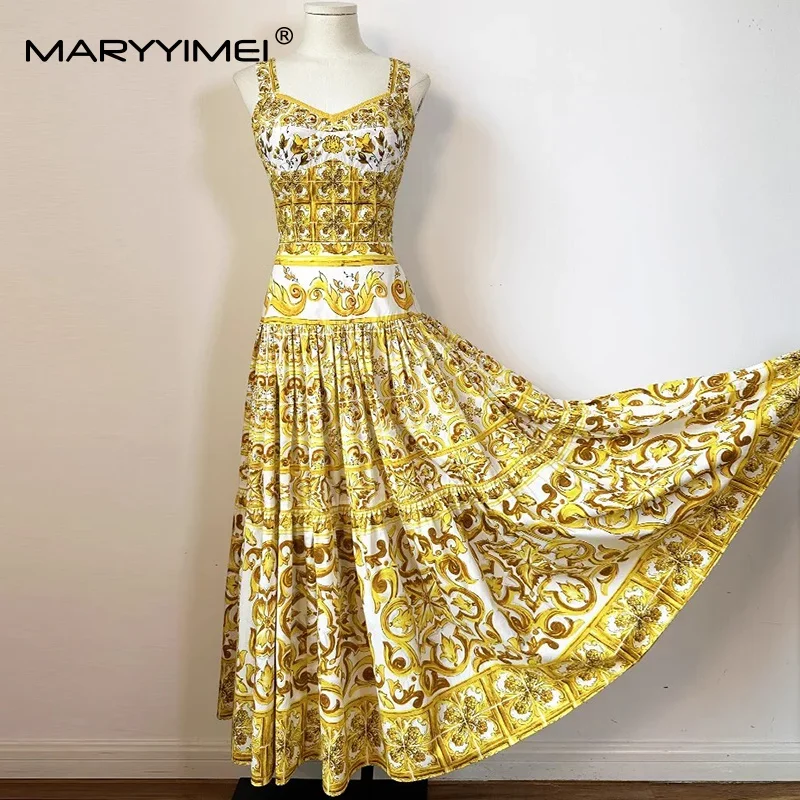 

Seifrmann Casual Holiday Women Suit Spaghetti Strap Slim Short Tops+Fashion Pleated Skirt Baroque print Cotton 2-piece set