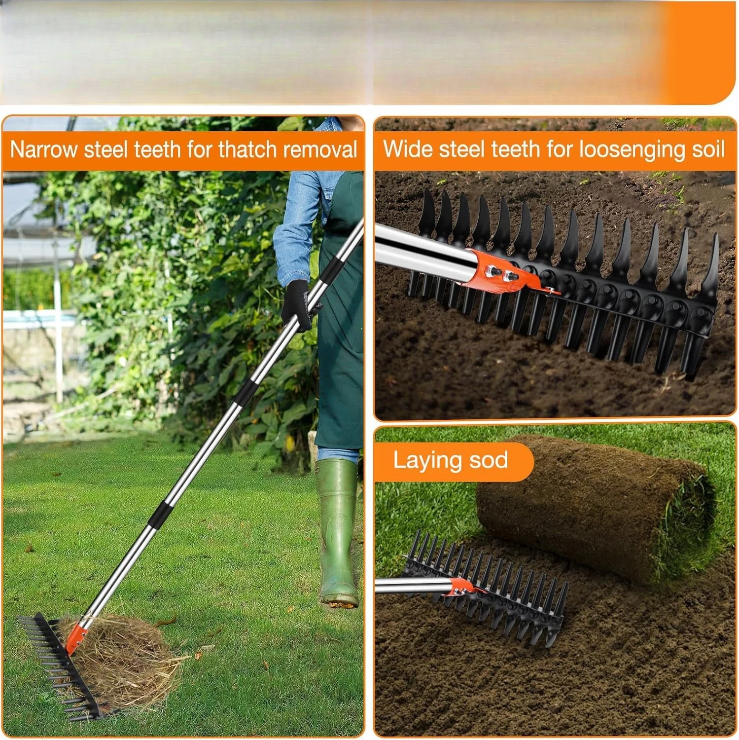 Doppelzahn-Blätterrechen, Gartenrechen zum Karten, Rasenrechen, Rechen für Gartengeräte