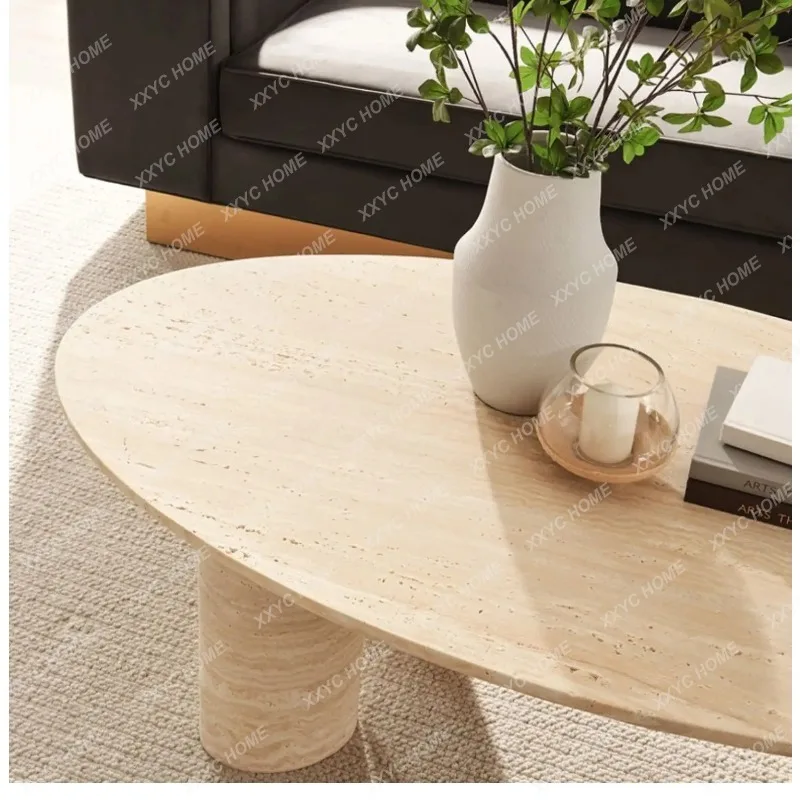 XX Travertine Coffee Table - Wabi Sabi Oval Center Table, Custom Natural Stone Living Room Furniture