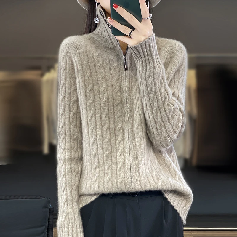 100% Merino Wool Coat Women\'s Stand Collar Knitted Cardigan Fashion Twisted Long Sleeve Top Autumn Winter New Warm Jacket Korean