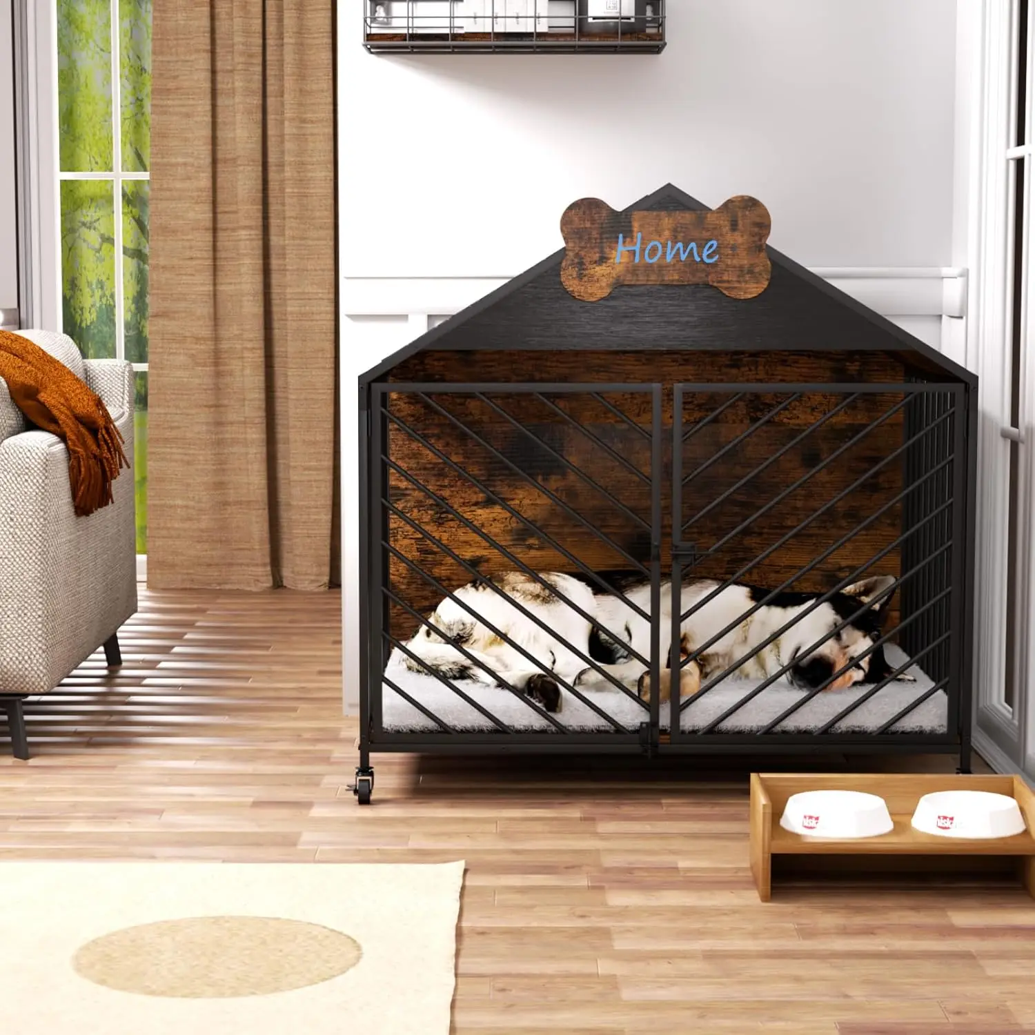 Móveis de caixa para cães para raças grandes - canil à prova de mastigar de 39,4" com telhado de galinha, gaiola interna para cães à prova de fuga de porta dupla, rústica