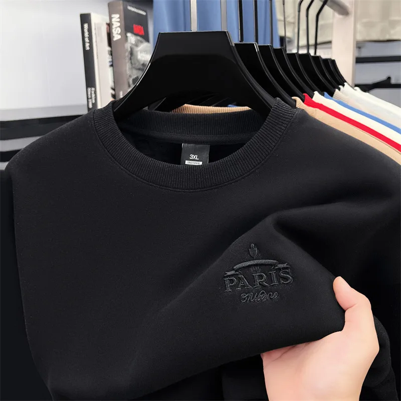 Luxury Man Long-Sleeved T-Shirt Fleece-Lined and Thickened Round Neck Exquisite Embroidery Autumn Winter Leisure Men's Clothing