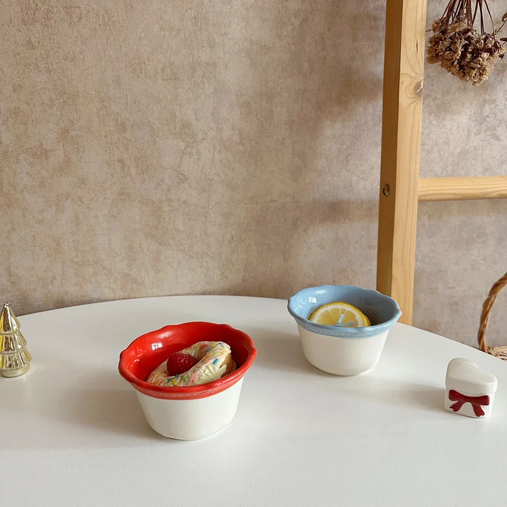 French Style Relief Mini Ceramic Bowl Creative Contrast Color Delicate Porcelain Food Container Pudding Dessert Bowls