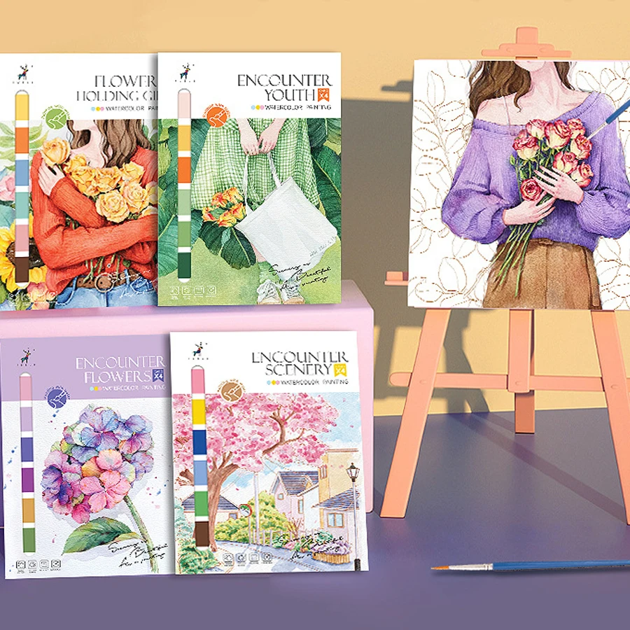 4pcs Watercolor coloring book decompression painting graffiti painting book cartoon self drawing watercolor paper painting paper