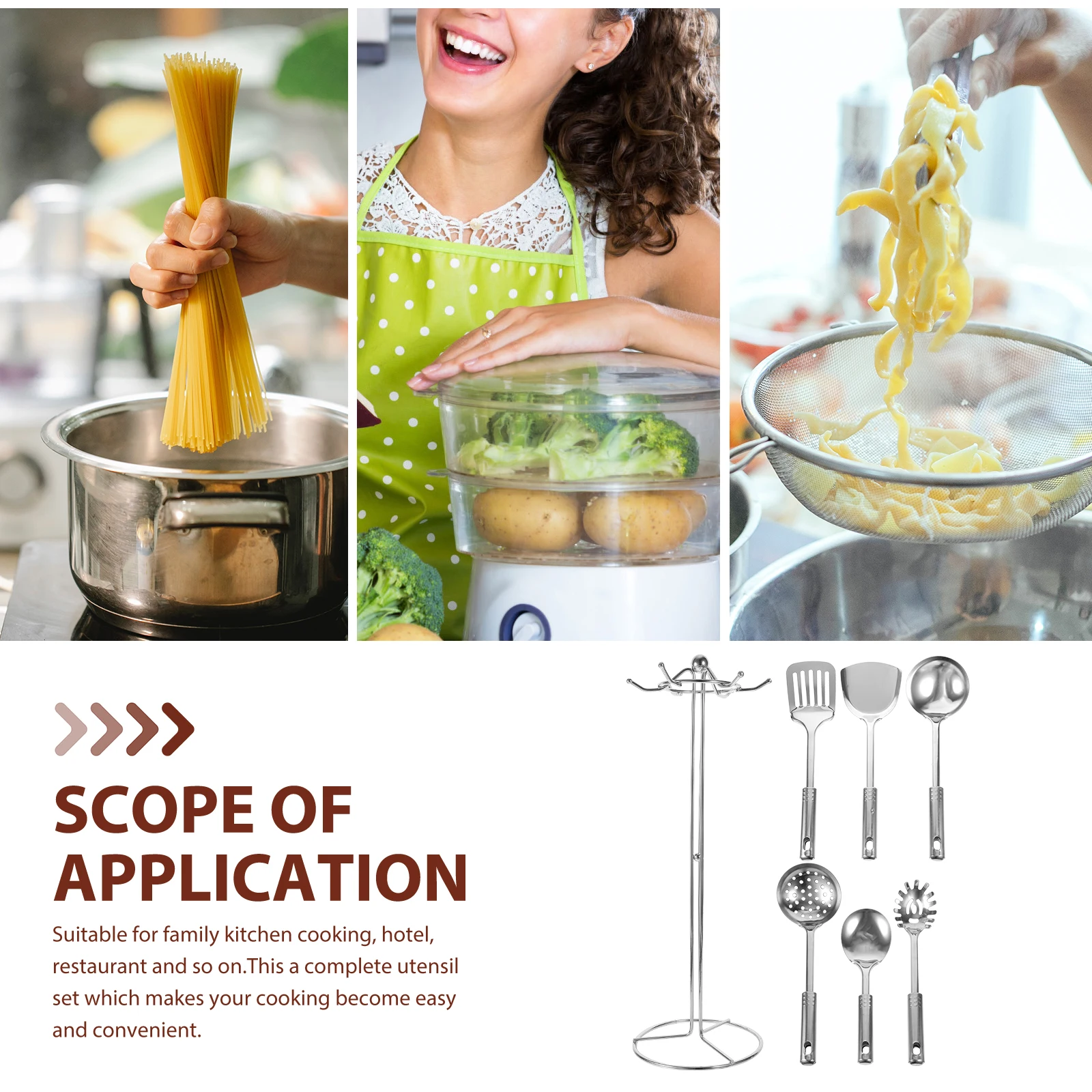 

6 шт., набор кухонных принадлежностей из нержавеющей стали, кухонные инструменты для дома, ресторана, аксессуары для посуды, стеллаж для хранения в комплекте