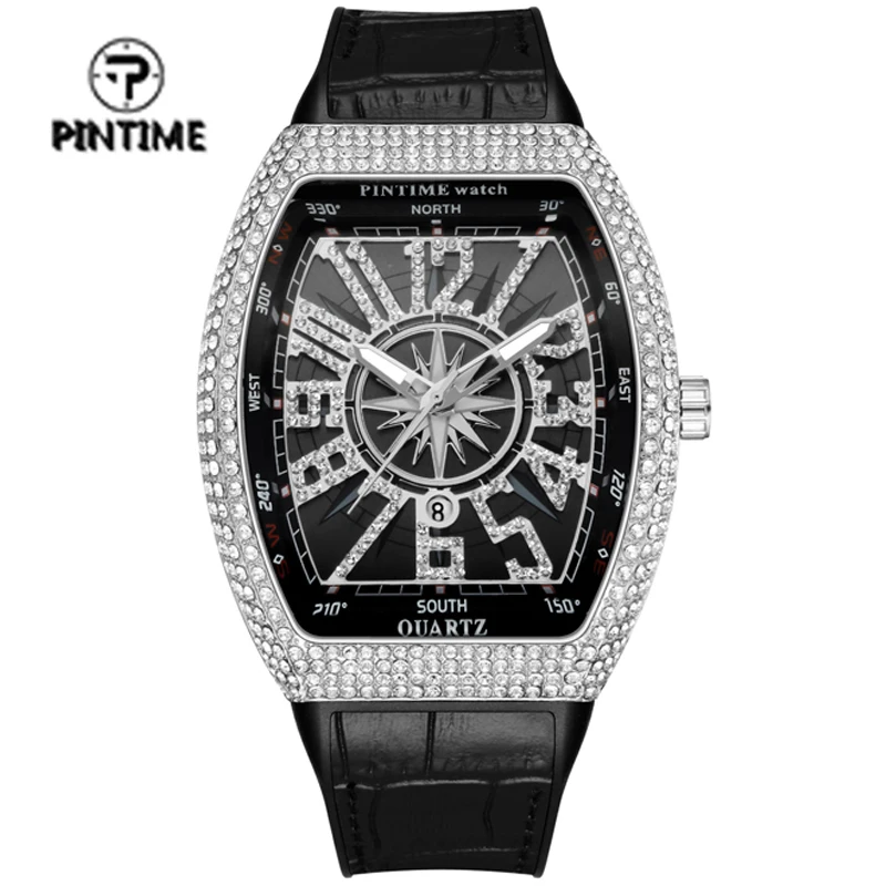 PINTIME-Homens e Mulheres Decoração Diamante Design Relógio Neutro, Pulseira De Couro, Relógio De Quartzo Esportivo, Bons Presentes, Item Popular, Marca De Luxo