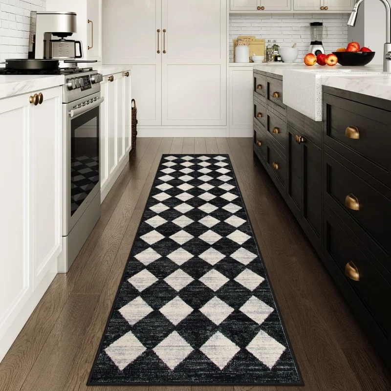 Klassischer Langer Läufer Rutschfester Waschbarer Küchenteppich Zweifarbig Schwarz-Beige Durchgehendes Gittermuster Flur Eingangsbereich Teppich