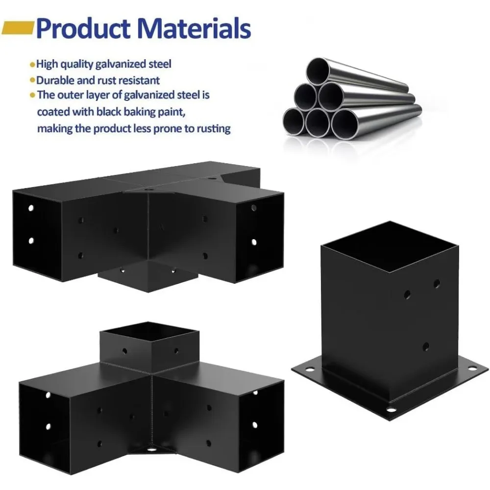 Zestaw pergoli ze stali ciężkiej stopowej z 3-kierunkowymi wspornikami do drewna 4" x 4", wsporniki pergoli DIY odpowiednie do pergoli
