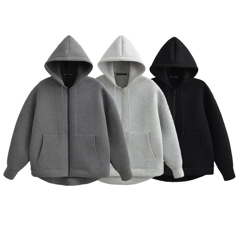 TRAF Grey Women\'s Outerwears Bomber Varsity Jacket Coat 2025 Spring Autumn Ladies Fashion Casual Long Sleeve Black Jackets