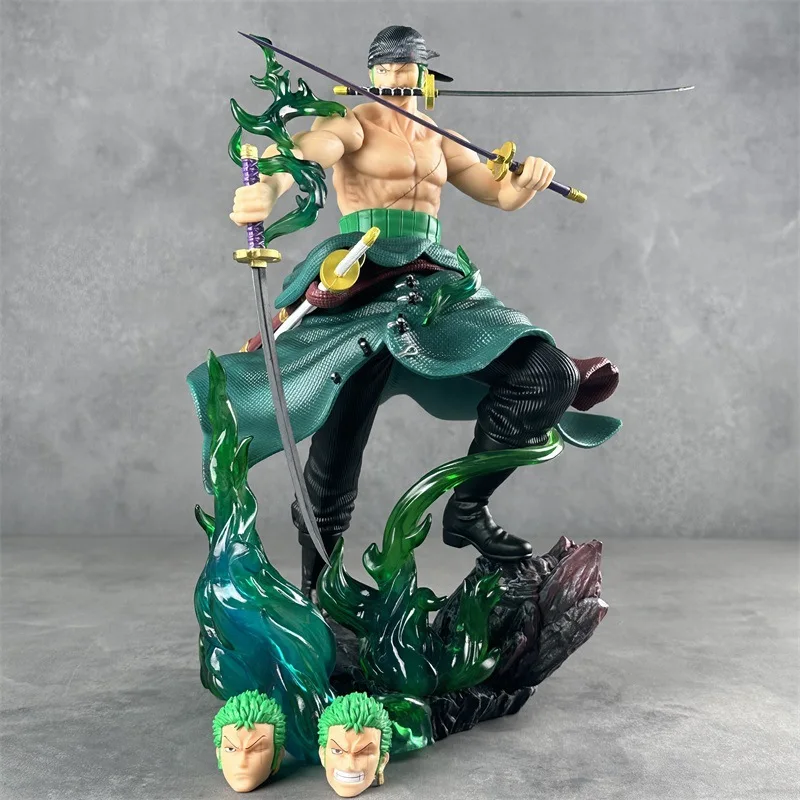 

31.5cm One Piece Roronoa Zoro Three Heads Action Figure GK Zoro Three Knife Flow Statue Figuras Toys Model Figurine Gifts