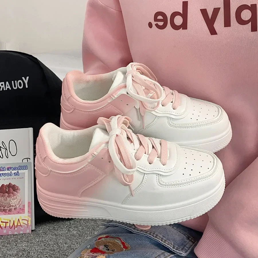 2024 Women's Gradient Color Flat White Shoes, Thick Bottom New Lace-up Plate Shoes, Casual Sneakers Breathable and Versatile