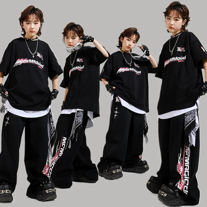 

Kid Kpop Hip Hop Clothing Black Letters T Shirt Casual Rose Print Wide Sport Sweat Pants for Girl Boy Jazz Dance Costume Clothes
