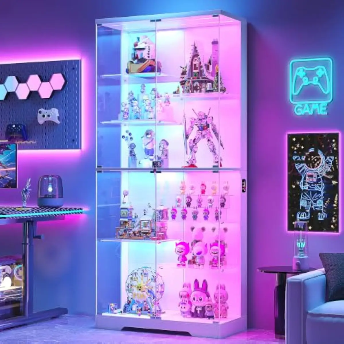 10-Tier Glass Display Cabinet with RGB Light and Motion Sensor,White